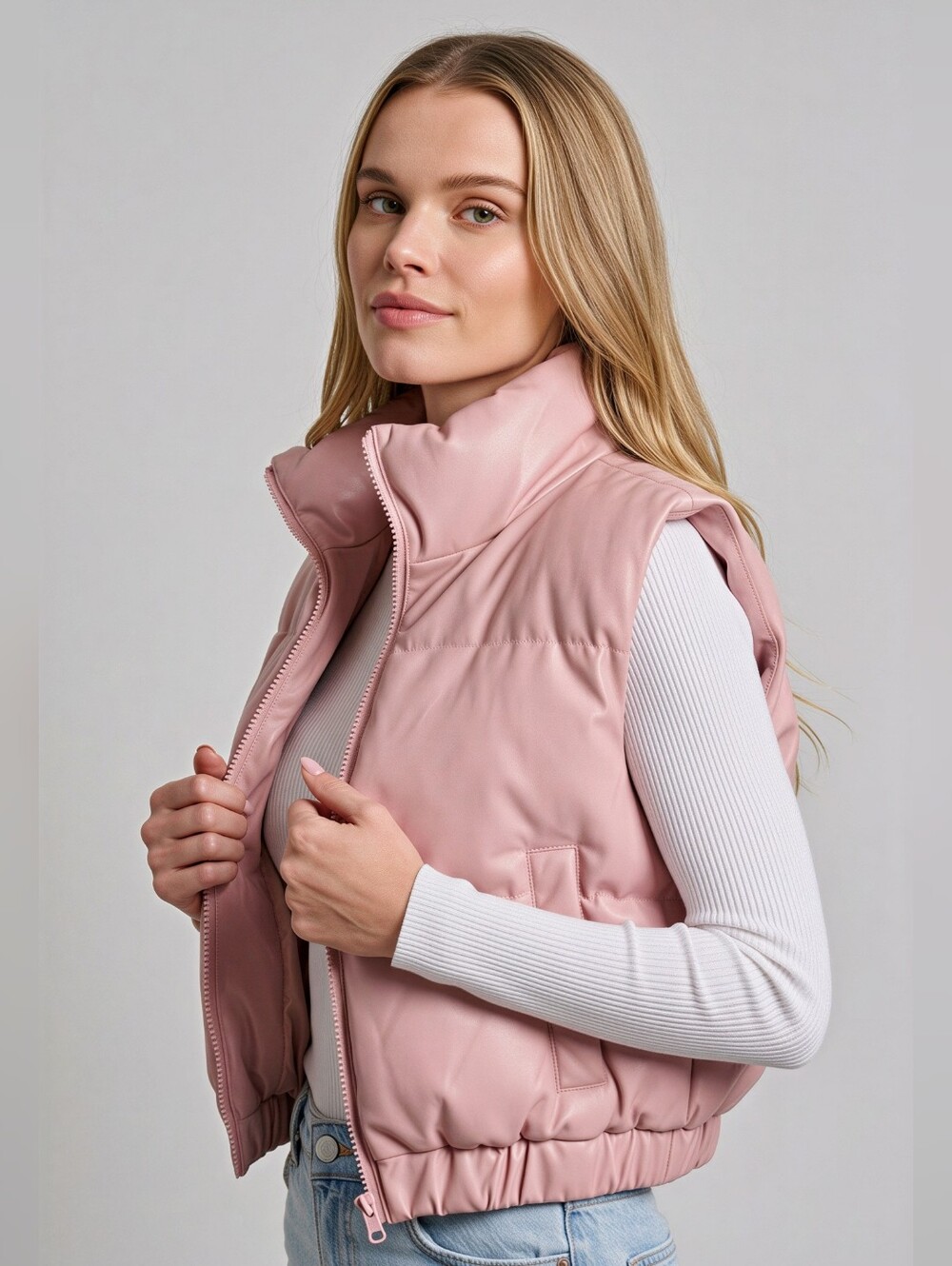 Blush Luxe Leather Puffer Vest